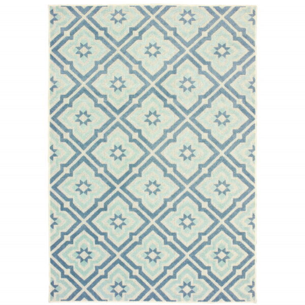 7' X 10' Geometric Stain Resistant Area Rug Indoor / Outdoor - Blue / Ivory