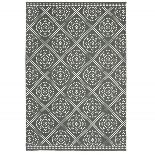 7' X 10' Geometric Stain Resistant Area Rug Indoor & Outdoor - Ivory / Gray