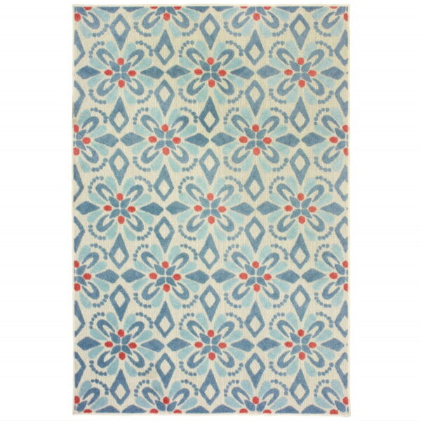 7' X 10' Moroccan Outdoor / Indoor Area Rug - Blue / Ivory