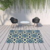 7' X 10' Geometric Stain Resistant Indoor / Outdoor Area Rug - Ivory / Blue - Image 2