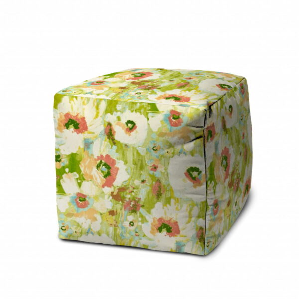 Cube Floral Indoor Outdoor Pouf Cover - Green