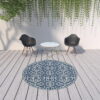 8' X 8' Round Geometric Stain Resistant Area Rug Outdoor & Indoor - Ivory / Blue - Image 4