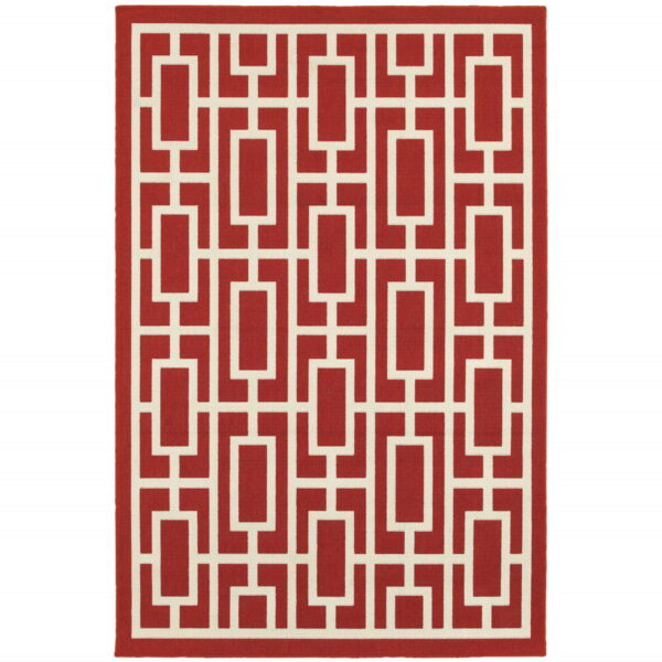 7' X 10' Geometric Stain Resistant Indoor & Outdoor Area Rug - Red / Ivory