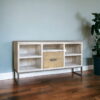 Solid Wood Open Shelving Distressed TV Stand - Light Gray - Image 3