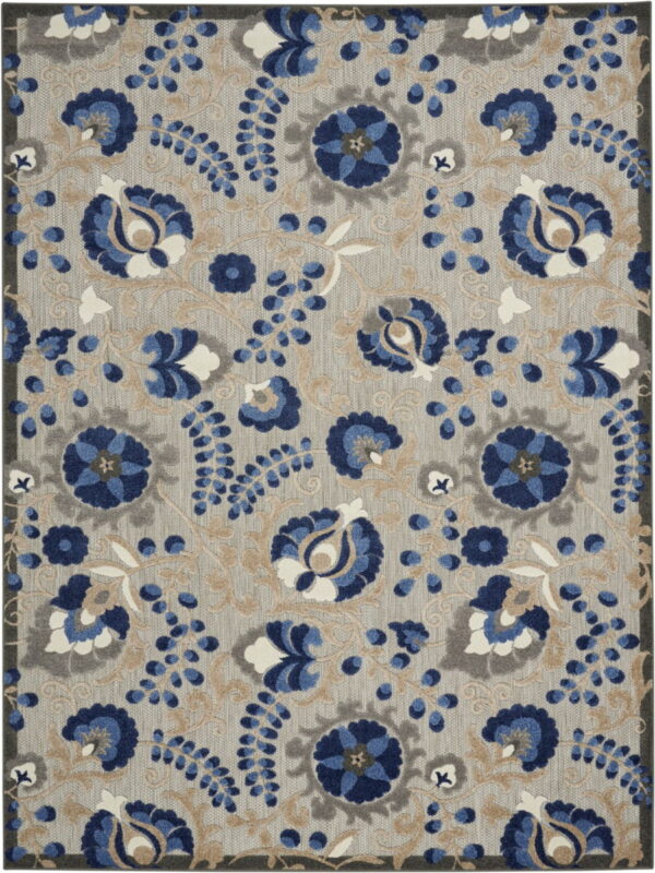 7' X 10' Floral Outdoor & Indoor Area Rug - Blue / Gray