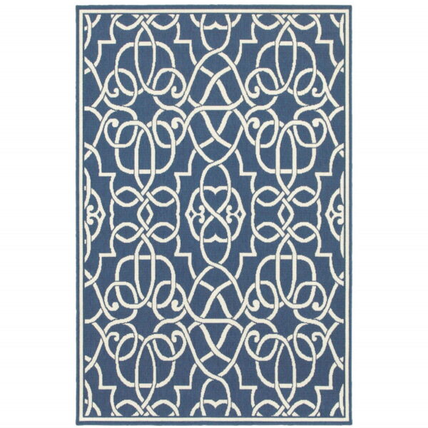 7' X 10' Geometric Stain Resistant Area Rug Indoor / Outdoor - Ivory / Blue