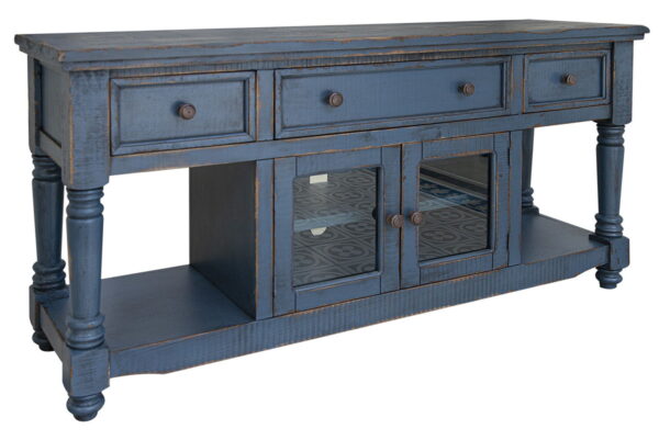 Solid Wood Open Shelving Distressed TV Stand - Blue