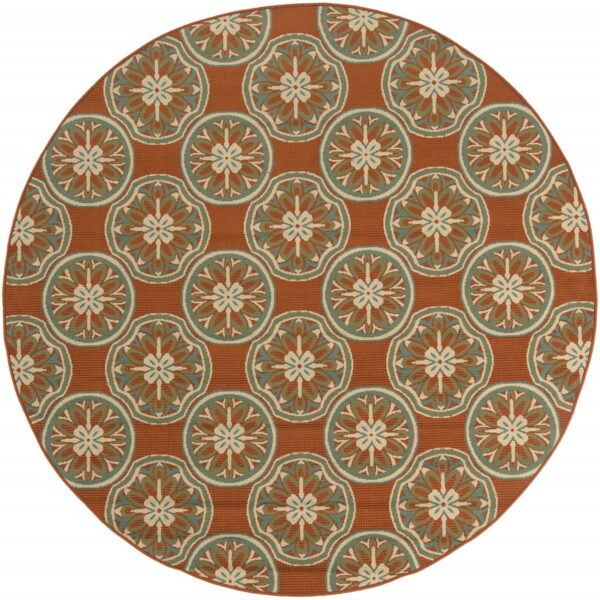 8' X 8' Round Floral Stain Resistant Outdoor & Indoor Area Rug - Brown / Ivory