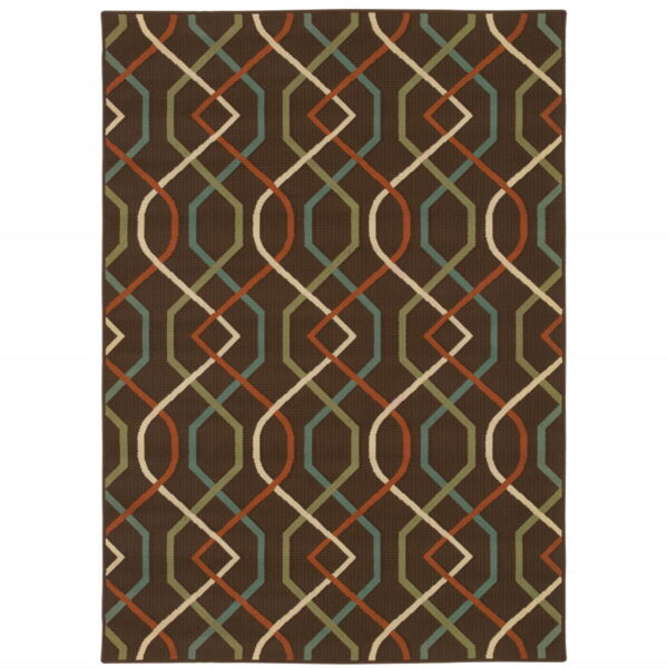 7' X 10' Geometric Stain Resistant Indoor / Outdoor Area Rug - Brown / Ivory