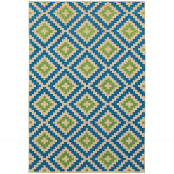 7' X 10' Geometric Stain Resistant Indoor / Outdoor Area Rug - Blue / Beige