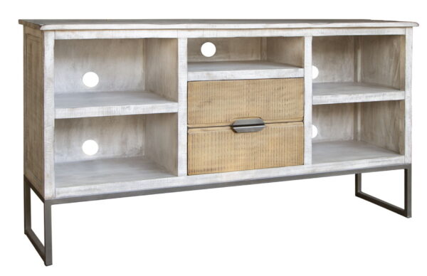 Solid Wood Open Shelving Distressed TV Stand - Light Gray