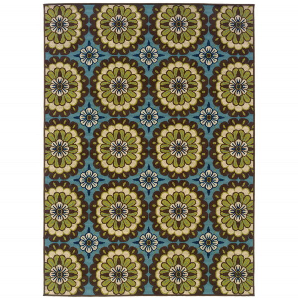 7' X 10' Floral Stain Resistant Outdoor / Indoor Area Rug - Blue / Green