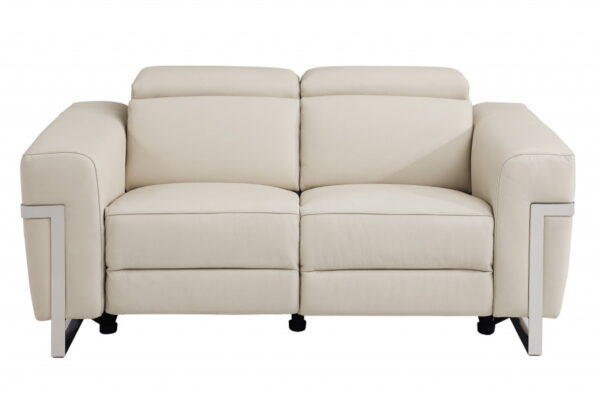 Italian Leather Power Reclining Loveseat - Beige / Silver