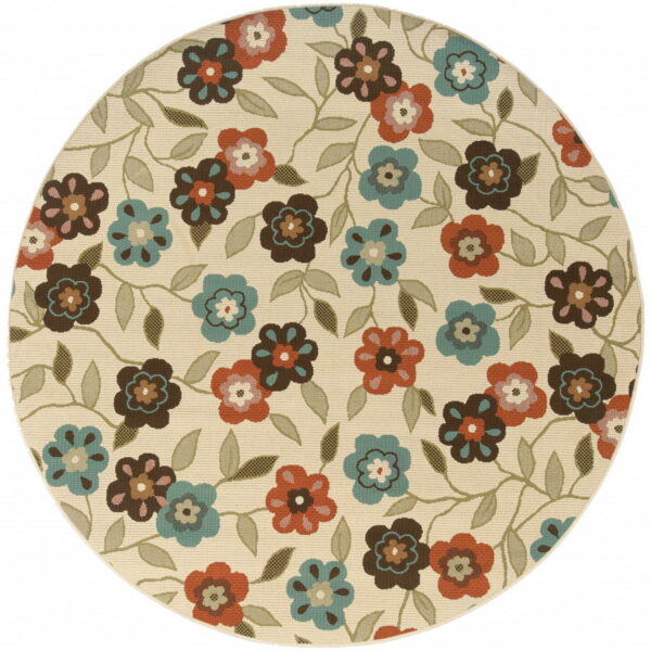 8' X 8' Round Floral Stain Resistant Indoor & Outdoor Area Rug - Brown / Ivory