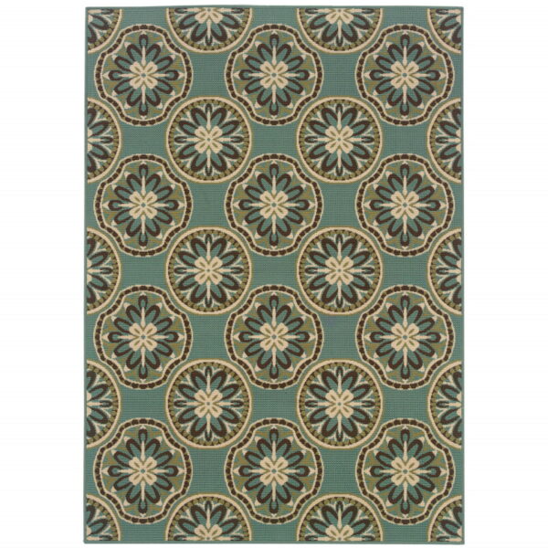 7' X 10' Floral Stain Resistant Outdoor / Indoor Area Rug - Blue / Ivory