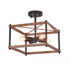 Industrial Wood Square Four Light Ceiling Fixture - Light Brown