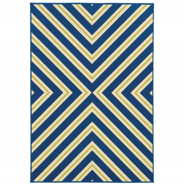 7' X 10' Geometric Stain Resistant Indoor / Outdoor Area Rug - Blue / Ivory