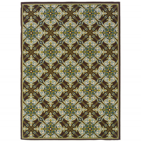 7' X 10' Floral Stain Resistant Indoor / Outdoor Area Rug - Brown / Ivory