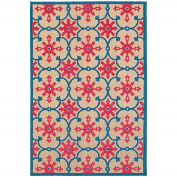 7' X 10' Oriental Stain Resistant Indoor / Outdoor Area Rug - Blue / Beige