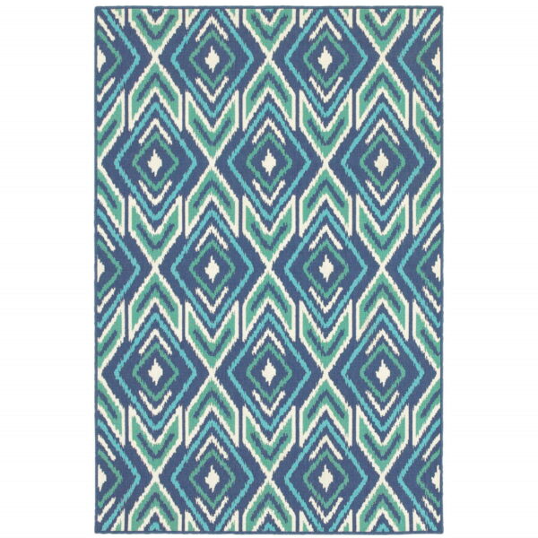 7' X 10' Geometric Stain Resistant Area Rug Outdoor / Indoor - Ivory / Blue