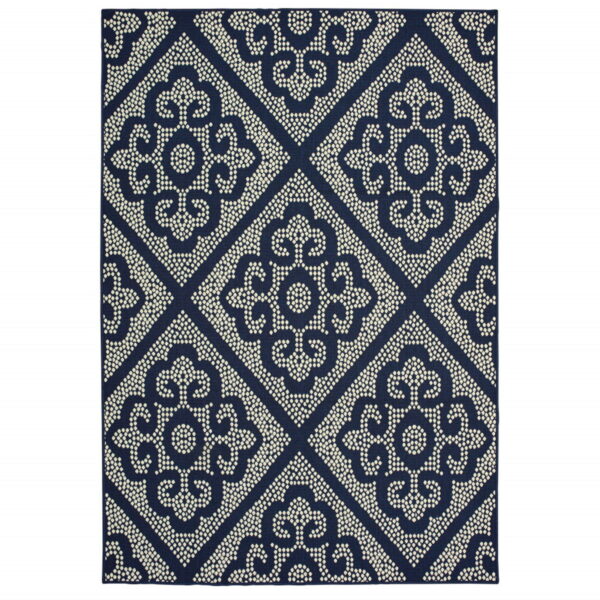 7' X 10' Geometric Stain Resistant Indoor & Outdoor Area Rug - Blue / Ivory