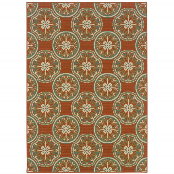 7' X 10' Floral Stain Resistant Indoor & Outdoor Area Rug - Brown / Ivory