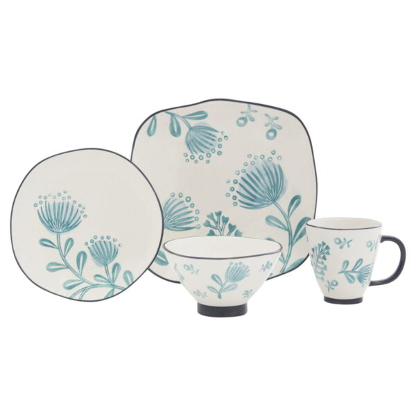 16 Piece Round Floral Ceramic Service For Four Dinnerware Set - Blue / White