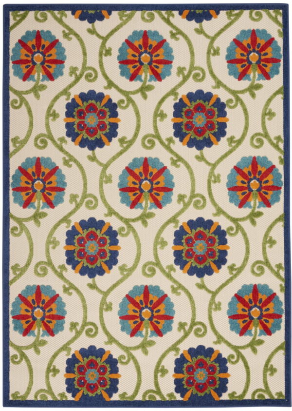 7' X 10' Floral Indoor / Outdoor Area Rug - Ivory / Blue